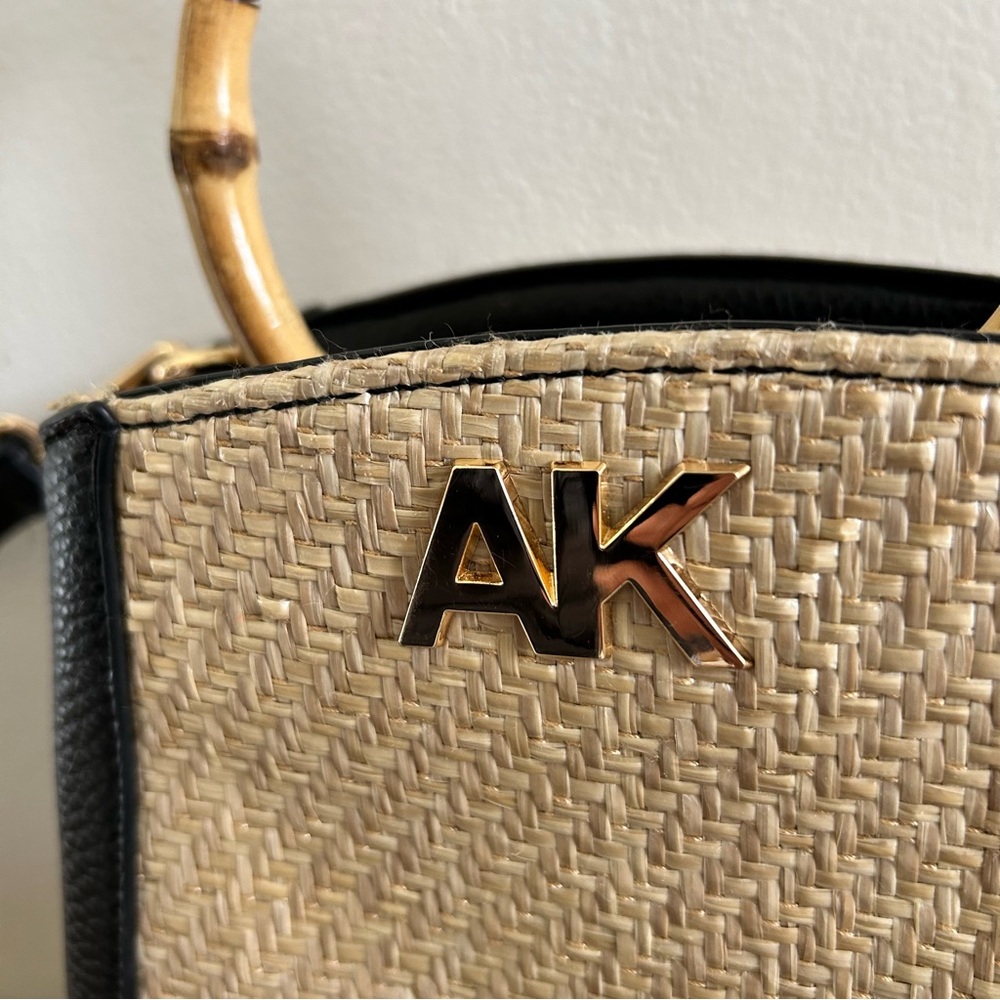 Anne Klein Black and Tan Woven Handle Bag - Picture 2 of 13
